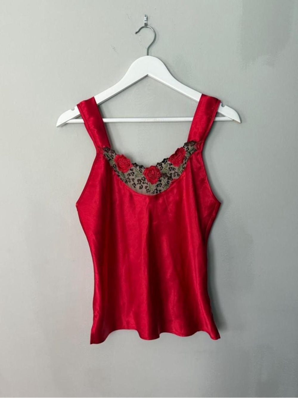 Cinema Etoile Vintage 90s Red Satin Floral Lace Lingerie Tank Top Blouse Medium